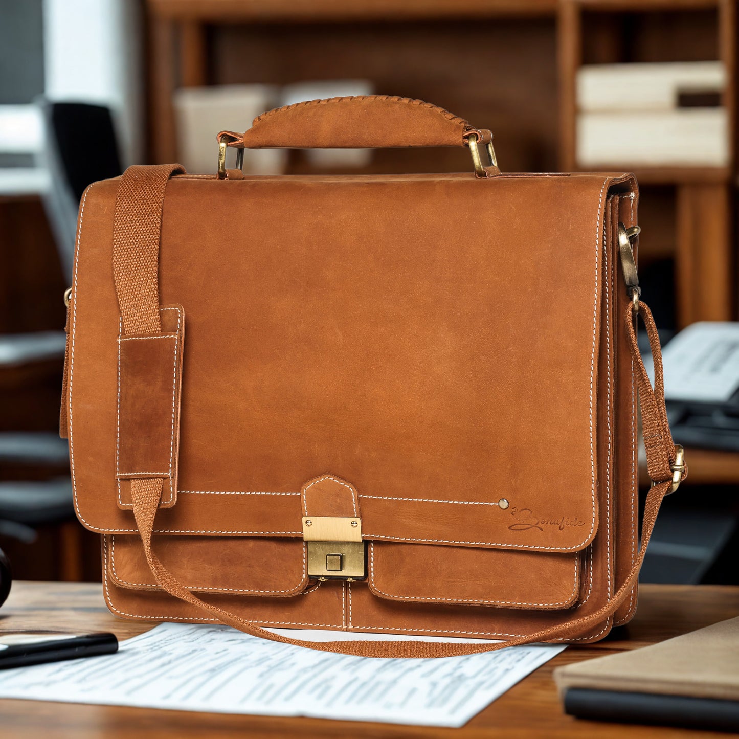 Sleek Tan Leather Office Bag | Fits 13.5" Laptop | Bee Bonafide